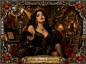 A glamorous crowned woman lounges in a lavish Art Deco salon, holding champagne and a smoking cigarette holder with cool, commanding poise. Deep black, crimson, and gold dominate beneath warm theatrical lighting. Roses, mirrors, piano, microphone, guitar, disco ball, jeweled ornaments, and glossy red lips enrich the ornate vintage oil-painting composition.