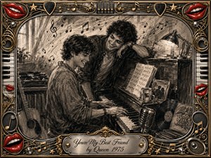 Two smiling friends share a warm moment beside an upright piano in a cozy music room, surrounded by sheet music, records, a guitar, and vintage equipment. Deep feathered charcoal textures create nostalgic intimacy, while soft lamplight adds warmth. An ornate chrome-and-gold musical frame with vivid red lips completes the celebratory composition.