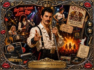 A richly detailed rock collage centers on a charismatic singer holding a vintage microphone, surrounded by bandmates, guitars, drums, records, tickets, posters, and glowing stage lights. Warm gold, red, black, and amber tones create a theatrical, nostalgic mood, framed by ornate chrome, musical motifs, red lips, and an engraved title plate.