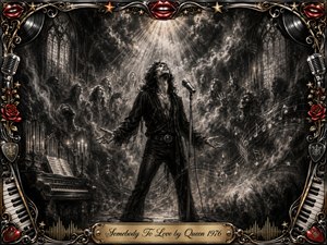 A solitary singer stands beneath radiant cathedral light, arms open in yearning as ghostly choir figures rise through smoky charcoal shadows. Deep blacks, soft grays, and silver highlights create a dramatic, soulful mood, while swirling musical notes, piano details, red roses, chrome filigree, and a gold engraved title plate frame the scene.