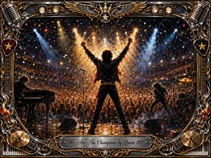 A triumphant rock performer stands center stage with arms raised before a roaring stadium crowd, surrounded by falling confetti, glowing spotlights, and smoky golden light. Rich blacks, blues, reds, silver, and gold create an epic oil-painted atmosphere, framed by ornate chrome, musical instruments, stars, wings, and an engraved title plate.