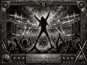 A commanding rock performer stands silhouetted on a vast stadium stage, arms raised before a roaring crowd beneath blazing spotlights and smoky haze. Rendered in deep charcoal and graphite tones, the dramatic scene is framed by chrome, gold inlay, speakers, cables, drumsticks, and amplifier controls, creating a triumphant, electrifying concert atmosphere.