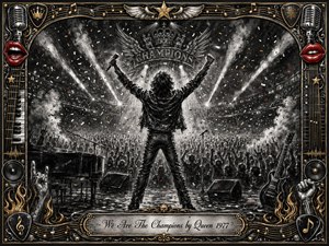 A triumphant rock performer stands center stage with arms raised before a roaring stadium crowd, surrounded by blazing spotlights, smoke, and confetti. Deep feathered charcoal textures dominate, accented by metallic gold, chrome, and vivid red lips. An ornate music-themed frame, instruments, wings, stars, and engraved title plate complete the victorious composition.