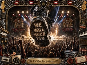 A massive black boot dominates a roaring stadium concert, its sole boldly stamped WE WILL ROCK YOU above a sea of raised hands. Fiery sparks, red-and-white stage lights, and smoky darkness create a defiant, triumphant mood. An ornate black-and-gold frame packed with instruments, records, roses, and Queen memorabilia completes the theatrical rock-poster style.