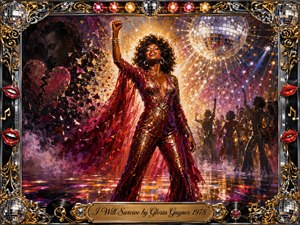 A triumphant disco-era woman stands center stage beneath a glittering mirror ball, raising one fist in celebration as shadows of heartbreak dissolve behind her. Rich reds, golds, purples, and silver reflections glow through dramatic stage lighting. Expressive acrylic textures, dancing silhouettes, and an ornate chrome-and-gold frame create a powerful mood of resilience and liberation.