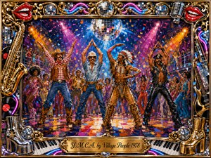 A vibrant disco celebration fills a crowded dance floor as four costumed performers strike energetic Y.M.C.A. poses beneath a sparkling mirror ball. Saturated blues, pinks, golds, and oranges glow under theatrical spotlights and falling confetti. Expressive acrylic-style brushwork, dancing crowds, and an ornate chrome-and-gold musical frame create exuberant 1970s nostalgia.