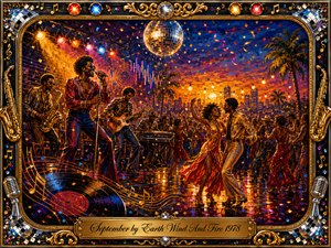 A jubilant 1970s disco celebration unfolds beneath a glowing sunset, with musicians, dancers, palm trees, confetti, and a sparkling mirror ball filling the energetic composition. Rich gold, orange, crimson, and deep blue tones shimmer across textured acrylic brushwork, while ornate chrome-and-gold musical framing and an engraved title plate complete the nostalgic scene.