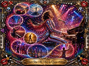 A jubilant glam-rock pianist commands a dazzling concert stage as swirling feathered bubbles trace an energetic S-curve through nightlife, racing, dancing, city lights, and triumphant performance scenes. Electric reds, blues, purples, chrome, and gold glow beneath theatrical spotlights, framed by ornate musical hardware, red lips, vinyl records, and engraved detailing.