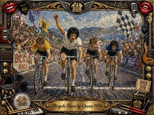 Four cyclists charge toward the finish through a roaring roadside crowd, framed by distant mountains and bright open sky. Energetic oil-paint textures, warm golds, vivid reds, blues, and chrome details create a celebratory rock-concert mood. An ornate musical frame surrounds the scene, with guitars, records, microphones, drums, and a brass title plate.
