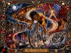 A dynamic cyclist surges through a glittering nocturnal race, surrounded by sweeping S-curves of light, cheering crowds, stage performance, romance, and chrome machinery. Rich blues, reds, golds, and silvers glow under theatrical lighting. The intricate digital painting is framed with ornate rock-and-roll motifs, including guitars, records, microphones, and red lips.