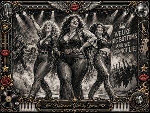 Three confident, curvy women stride through a smoky rock arena, smiling beneath brilliant spotlights as musicians and cheering silhouettes fill the background. Deep charcoal textures dominate, accented by vivid red lips, chrome, and gold. An ornate music-themed frame, vinyl, instruments, roses, flames, and a scripted title plate complete the exuberant composition.