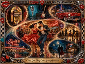 A vibrant acrylic-style rock-and-roll romance unfolds through feathered S-curves, centering on a joyful dancing couple in a glowing retro diner. Cherry reds, turquoise, gold, chrome, and midnight blues shimmer beneath neon lights, linking a jukebox, microphone, guitar, convertible, dancers, and moonlit street within an ornate musical frame.