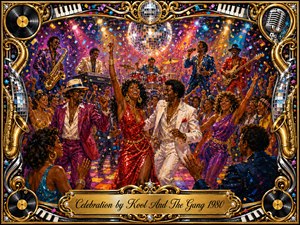 A jubilant disco celebration fills a glowing dance floor beneath a sparkling mirror ball, with dancers, musicians, confetti, and raised hands creating irresistible energy. Rich reds, purples, blues, and golds shimmer under vibrant stage lighting. Expressive acrylic textures, musical instruments, vinyl records, chrome details, and an ornate gold frame complete the festive scene.