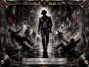 A shadowy, fedora-wearing figure strides through a rain-slicked city street as surrounding silhouettes collapse into drifting charcoal dust. Stark black, gray, and silver tones dominate, accented by deep red details. Dramatic backlighting, smoky textures, and gritty noir styling create tension, while an ornate music-themed metallic frame reinforces the songs relentless rhythm.