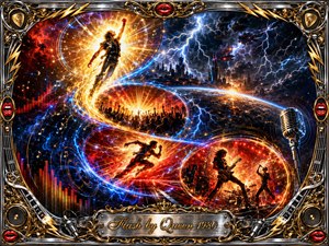 A heroic figure rises through a blazing cosmic burst as lightning, futuristic skylines, concert crowds, and rock musicians unfold along a glowing S-shaped energy trail. Vivid reds, golds, electric blues, and chrome create an explosive cinematic mood. Ornate metallic framing, microphones, speakers, lips, lightning motifs, and the engraved title complete the richly detailed digital painting.