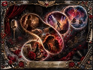A lavish rock-fantasy tableau unfolds through glowing feathered bubbles sweeping in an S-curve, linking romance, performance, and symbolic game imagery. Deep burgundy, black, gold, and chrome tones glow beneath theatrical spotlights and smoky haze. Roses, cards, microphones, instruments, and a cosmic heart enrich the ornate, cinematic digital painting.