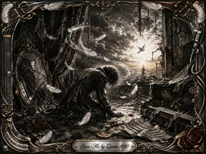 A solitary figure kneels in a ruined music room beneath a stormy dawn, surrounded by torn sheet music, wilted crimson roses, a shattered mirror, and battered piano. White feathers spiral toward a distant dove and glowing horizon. Deep charcoal textures, dramatic shadows, silver highlights, and ornate gold musical framing create a mournful, redemptive atmosphere.