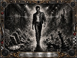 A confident leather-clad figure strides through a smoky brick corridor as toppled dominoes and fallen chess pieces scatter across the reflective floor. Deep charcoal textures, stark black-and-white contrast, dramatic backlighting, and pulsing sound-wave accents create a tense, rhythmic mood. An ornate chrome-and-gold musical frame surrounds the powerful rock-inspired composition.
