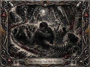 A dark charcoal cityscape closes around a crowded, anxious scene where a central couple embraces amid swirling smoke and reaching figures. Piano keys, microphones, sound waves, and speakers weave through the composition. Silver, black, gold, and crimson accents heighten the tension, while an ornate musical frame adds theatrical intensity.