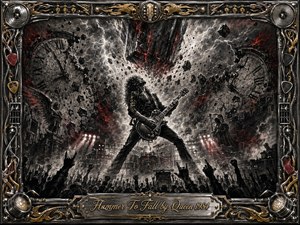 A defiant guitarist dominates an apocalyptic concert stage, framed by shattered clocks, lightning, flying debris, and a roaring silhouetted crowd. Deep charcoal textures, smoky grays, crimson accents, and metallic gold create a fierce, urgent mood. Ornate chrome-and-gold musical hardware surrounds the composition, with dramatic backlighting and an engraved title plate below.