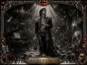 A solitary, regal figure stands beneath smoky theatrical spotlights in a decaying grand hall, clutching his chest amid drifting feathers, roses, and scattered petals. Deep charcoal textures and stark monochrome shadows create a mournful, dramatic mood, while vivid red lips, crimson roses, chrome, gold filigree, piano keys, and musical ornaments enrich the elaborate baroque frame.