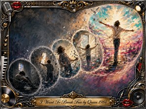 A dramatic mixed-media painting traces a figures journey from dark confinement to radiant freedom through feathered, bubble-like scenes forming a sweeping S-curve. Smoky blues and charcoal shadows gradually yield to turquoise, gold, pink, and brilliant light. Birds, broken chains, flowing ribbons, and an ornate chrome-and-gold musical frame heighten the triumphant mood.