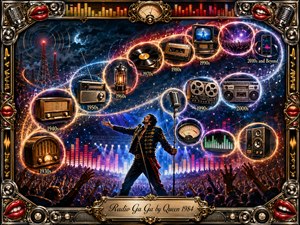 A triumphant singer commands a vast concert crowd beneath swirling radio signals and a glowing S-curve timeline of vintage radios, vinyl, tapes, microphones, and modern media. Electric blues, crimson, magenta, chrome, and gold create a nostalgic, theatrical mood, framed by ornate musical hardware, red lips, meters, speakers, and engraved detailing.