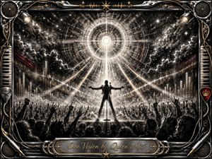 A commanding performer stands before a vast cheering crowd beneath a radiant celestial light, symbolizing unity and shared purpose. Deep charcoal blacks and smoky grays contrast with brilliant white beams, gold accents, lightning, and sound-wave patterns. An ornate chrome-and-gold musical frame and engraved title plate complete the dramatic concert-inspired composition.