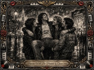 A joyful group of friends embrace and lift one another on a rain-slicked city street, surrounded by glowing concert lights and distant crowds. Deep charcoal textures create dramatic shadows and smoky highlights, while red roses, gold filigree, microphones, piano keys, vinyl records, and musical motifs enrich the ornate rock-inspired frame.