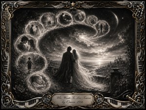 A deeply textured charcoal fantasy scene follows a couple gazing toward a luminous horizon while feathered memory bubbles curve through the sky in an elegant S-shape, revealing moments of love, childhood, music, and loss. Monochrome tones, glowing highlights, dramatic clouds, and an ornate chrome-and-gold musical frame create a haunting, timeless atmosphere.