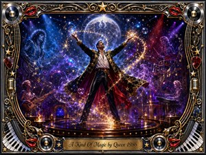 A triumphant rock figure stands beneath a glowing moon, arms raised amid swirling golden sparks, cosmic mist, and jewel-toned stage lights. Ghostly musicians surround him in a theatrical digital painting of blues, purples, reds, and gold. An ornate chrome-and-gold musical frame, red lips, records, keyboards, and engraved title plate complete the magical composition.