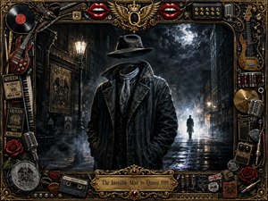 A mysterious invisible figure, suggested by an empty black trench coat and floating fedora, stands on a rain-soaked Victorian street beneath moonlit storm clouds. Cool blue-gray fog and warm lamplight create a cinematic, eerie mood, while an ornate gold rock-themed frame surrounds the scene with guitars, microphones, records, roses, and Queen memorabilia.
