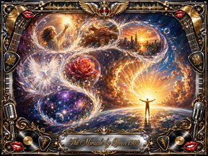 A radiant cosmic dream unfolds within an ornate chrome-and-gold musical frame, where feathered bubbles sweep in an S-curve through scenes of unity, childhood wonder, a blooming rose, city dawn, galaxies, and sunrise. Deep blues, crimson, violet, and brilliant gold create a triumphant, hopeful mixed-media fantasy glowing with dramatic light.