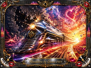 A gleaming chrome locomotive bursts through a shattered dark wall toward a blazing sunrise, trailing neon ribbons, sparks, and musical light. Ornate gold-and-chrome framing with speakers, strings, piano keys, vinyl records, and red lips surrounds the scene. Fiery oranges, magentas, and electric blues create a triumphant, cinematic digital-painting atmosphere.