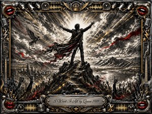 A triumphant figure stands atop a jagged peak with arms raised toward radiant light breaking through stormy skies. Deep feathered charcoal textures dominate the dramatic landscape, accented by crimson streaks and gold highlights. A cheering crowd, distant city, mountains, and eagle amplify the victorious mood, framed by ornate rock-inspired chrome details.