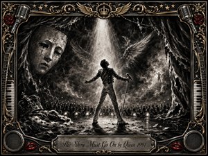 A solitary rock performer stands defiantly beneath a blazing spotlight on a ruined theatrical stage, surrounded by smoky charcoal shadows, ghostly wings, a cracked mask, and a vast silhouetted crowd. Monochrome textures create a dramatic, mournful yet triumphant mood, while ornate gold, chrome, roses, microphones, piano keys, and red lips frame the scene.