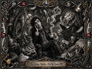 A gaunt, eccentric figure lounges in a warped Victorian parlor, surrounded by distorted mirrors, melting clocks, drifting feathers, teacups, sheet music, and a watchful black cat. Deep charcoal textures and smoky shadows create theatrical unease, while silver, gold, and vivid red accents enliven the ornate musical frame.