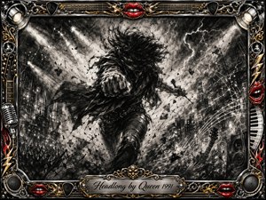 A shadowy figure charges forward through a storm of charcoal smoke, shattered light, and flying musical fragments, capturing reckless momentum and raw rock energy. Stark black, gray, and white textures dominate, while chrome, gold, and vivid red accents electrify the ornate frame. Spotlights, strings, microphones, and lightning intensify the dramatic composition.