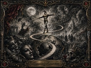 A masked harlequin balances above a fractured world on a winding path beneath a glowing moon, surrounded by ruins, spectral faces, marching figures, and theatrical masks. Deep charcoal textures create an ominous, dreamlike atmosphere, while restrained gold and crimson accents illuminate ornate details. A baroque musical frame completes the dramatic composition.