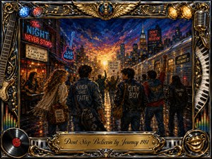 A vivid oil-painted city night glows with hope as young travelers move along rain-slick streets toward a golden horizon. Deep blues, fiery oranges, neon reds, and warm reflections create a triumphant, nostalgic mood. An ornate chrome-and-gold musical frame surrounds the scene with instruments, records, lights, and an engraved Journey title plate.