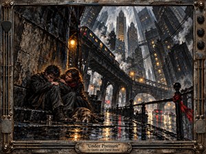 A weary couple huddles beside a rain-soaked city street as towering buildings and an elevated train press inward above them. Steel blues, charcoal blacks, amber lights, and muted reds create a tense yet compassionate mood. Oil-and-charcoal textures, reflective pavement, steam, cables, and a distressed metal frame intensify the handcrafted, cinematic atmosphere.
