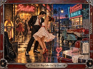 A playful rock-and-roll romance unfolds outside a neon-lit 1950s dance hall, where a sharply dressed couple leans together mid-dance. Warm amber interiors contrast with cobalt twilight, cherry-red chrome, turquoise signs, wet pavement reflections, vintage cars, a jukebox, and lively handcrafted brushwork framed in polished retro ornament.