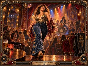 A confident curvy woman strides through a lively 1970s rock club, framed by cheering crowds and a performing band. Warm amber, crimson, and violet stage lights glow through smoky air, reflecting across polished wood and metallic fabrics. Rich oil-painted textures, ornate decor, velvet accents, and a guitar-inspired frame create exuberant glam-rock energy.