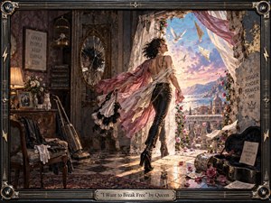 A dramatic figure strides from a shadowed, confining room into radiant open air, symbolizing liberation and self-discovery. Billowing fabric, flying papers, birds, roses, and fractured reflections animate the scene. Muted interior browns and grays give way to luminous blues, pinks, and golds in a richly textured, theatrical painted style.