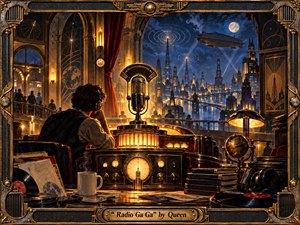 A solitary listener in vintage headphones sits before a glowing radio console and grand microphone, overlooking a moonlit retro-futuristic city alive with transmission towers and distant lights. Warm amber brass contrasts with deep blue night tones, while Art Deco framing, vinyl records, analog dials, and cinematic painterly textures evoke nostalgia, connection, and technological change.