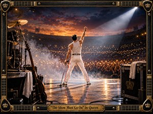 A lone rock singer stands powerfully at center stage before a vast glowing stadium crowd, fist raised beneath sweeping white spotlights and a fiery dusk sky. Warm gold, black, and amber tones heighten the triumphant, bittersweet mood, while instruments, smoke, reflections, and an ornate crown-and-guitar frame create cinematic grandeur.