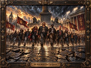 A defiant crowd marches through a monumental London square beneath storm-dark skies and blazing golden light. Cracked stone, flying banners, leather-clad figures, and towering lions create a fierce, triumphant rhythm. Rich bronze, black, crimson, and amber tones enhance the handcrafted painted texture, while the ornate metal frame reinforces the anthems commanding energy.