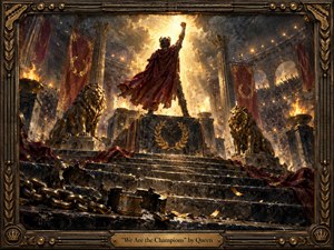 A triumphant crowned figure stands atop monumental stone steps, fist raised beneath a blaze of golden light, surrounded by bronze lions, crimson banners, fire, and a roaring arena crowd. Rich blacks, reds, and burnished golds create a victorious, battle-worn mood, rendered with dramatic painterly texture and ornate metallic framing.