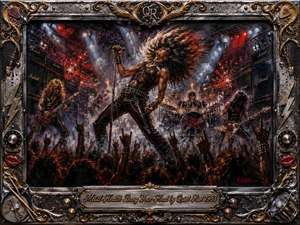 A fierce 1980s heavy-metal concert erupts beneath red, white, and blue stage lights, with a long-haired singer headbanging before roaring guitars, drums, smoke, sparks, and raised devil-horn hands. Rich acrylic textures, deep blacks, fiery reds, and chrome highlights amplify the energy, framed by ornate metallic rock-and-roll hardware and engraved detailing.