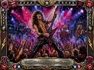 A flamboyant glam-metal guitarist commands a roaring concert stage, surrounded by raised hands, drums, amplifier stacks, confetti, and swirling stage fog. Electric pinks, reds, blues, and purples blaze beneath dramatic spotlights. Expressive acrylic brushwork heightens the explosive energy, while an ornate chrome-and-gold rock-themed frame and engraved title plate complete the spectacle.